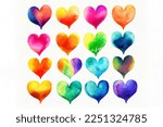 collection of watercolor love hearts in all the colors of a rainbow