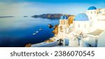 Small photo of white church belfry and volcano caldera with sea landscape, beautiful details of Santorini island, Greece, web banner