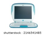 Small photo of VILNIUS, LITHUANIA - 03 SEPTEMBER, 2020: Vintage classic Apple iBook laptop computer isolated on white background. Front view Macintosh picture