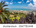 Small photo of Clear sunny day by the sea. Haifa, Israel. View from Mount Carmel to the international seaport of Haifa. The descent to the Mediterranean Sea.