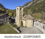 Small photo of View of the bell tower and the apse of the Romanesque church of Beget, of Sant Cristofol (12th Century ) Spain