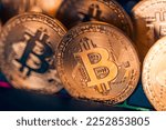 Golden bitcoin, conceptual image for crypto currency. Cryptocurrency bitcoin the future coin. Abstract business crypto market finance money background. Bitcoin BTC Cryptocurrency coins. Stock market