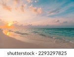 Small photo of Peaceful closeup sea sand beach. Beautiful nature landscape. Inspire tropical beach seascape wave horizon. Orange golden sunset sky calm tranquil relaxing summer. Vacation travel holiday concept