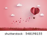 illustration of love and valentine day,Origami made hot air balloon flying over grass with heart float on the sky.paper art and  digital craft style.