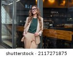 Small photo of Business Woman Restaurant Owner Dressed Elegant Pantsuit Standing Near Restaurant Big Window Outdoor Caucasian Female Glasses Business Person