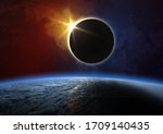 Solar Eclipse, Moon and colorful nebula. Solar eclipse - Moon passes between planet Earth and Sun. Elements of this image furnished by NASA.