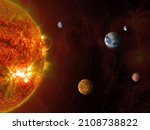 Sun and solar system planets. Terrestrial planets: Mercury, Venus, Earth, Mars. Sci-fi background. Elements of this image furnished by NASA. 