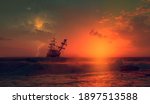 Silhouette Of Old Ship In A...