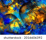 Buddha - digital art collage combined with watercolor. Blue and yellow splashes and stains of paint. An unusual painting hand drawn for the interior
