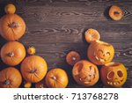 Halloween Pumpkins Over Wooden...