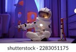 Small photo of Small child in an astronaut spacesuit plays at home with toy Space Shuttle orbiter. Boy dreams of becoming an astronaut and flying into space. Dream is to fly in space.