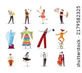 street performers. clowns jugglers dancers outdoor street entertainment artists in colored fashioned costumes. Vector illustrations set