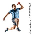 Small photo of one caucasian runner running jogger jogger young man in studio isolated on white background