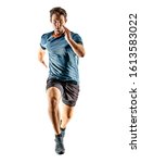 Small photo of one caucasian runner running jogger jogger young man in studio isolated on white background