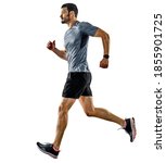 Small photo of one caucasian man runner jogger running jogging isolated on white background with shadows