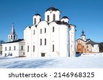 Medieval St. Nicholas (Nikolo-Dvorishchensky) Cathedral on a sunny March day. Veliky Novgorod, Russia