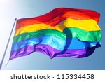 Rainbow flag, sun, wind, and blue sky