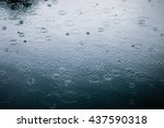 rain drops on the surface of water in a puddle with graduated shade of black shadow and reflection of blue sky 