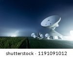 Satellite dishes at Raisting earth station in a foggy night