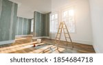 Small photo of renovation concept - apartment before and after restoration or refurbishment with paint bucket and Flattened drywall walls