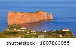 Aerial view of Percé Rock and village in Quebec