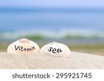sea vacation - sea shells in the sand with vitamin sea words written on them 