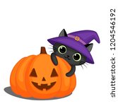 cute black cat in a witch hat... | Shutterstock . vector #1204546192