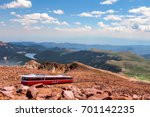 This is a view from the top of the  Pikes Peak Highway in Colorado Springs, Colorado.. The Pikes Peak Cog Railway is about to depart for the bottom of the mountain.