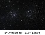 Starfield with The Double Cluster (Cadwell 14) in the constellation of Perseus formed by two open clusters NGC 884 and NGC 869.