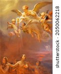Small photo of ROME, ITALY - AUGUST 28, 2021: The painting Angels liberated the souls from the purgatory with Eucharist, rosary and scapular in the church Chiesa San Giacomo in Augusta by E. Ballerini (1917).
