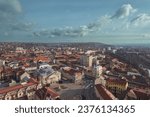 Small photo of Aerial art nouveau historical Oradea's historic cityscape captured from a bird's eye view, showcasing its breathtaking art nouveau buildings incity Oradea, Bihor, Romania