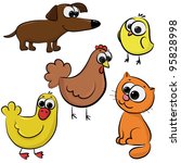 set of cute cartoon animals like chicken, hen, dog, dachshund, cat ...