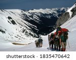 Small photo of MT RAINIER WASHINGTON - MAY 21, 2003 - Rope teams slogging up steep snow fields on Emmons Glacier, Mt Rainer