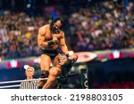 Small photo of Cardiff, Wales - September 3rd 2022: WWE Superstars Drew Mcintyre and Roman Reigns battle on the top rope at WWE Clash at the Castle