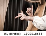 Hands playing wooden harp on...