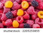 Fresh ripe, red and yellow, raspberries and blackberries background pattern close-up.