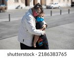 Small photo of Nova Gorica, Slovenia - April 03, 2021: Family Members Meet after a long Period at Europa Square Symbol of European Open Borders that is Between Nova Gorica in Slovenia and Gorizia in Italy.