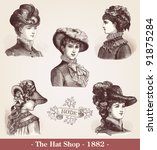 Small photo of The Hat Shop - Vintage engraved illustration - "La mode illustree" by Firmin-Didot et Cie in 1882 France