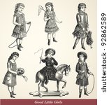 Small photo of Good Little Girls - Vintage engraved illustration - "La mode illustree" by Firmin-Didot et Cie in 1882 France