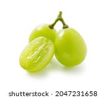 Small photo of Grains of shine muscat grapes and cut shine muscat grapes on a white background. White grapes. Japanese grapes.