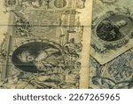 Old paper money of the Russian Empire of the 19th century background. Retro banknote of Russian empire. Сlose-up of old banknotes of the tsarist Russian empire. Antiques money, royal rubles