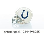 Small photo of MONTERREY, NL, MEXICO - AUGUST 09, 2023 - Indianapolis Colts NFL club riddell helmet replica on white background.