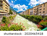 Town of Tirano and Adda river waterfront view, Province of Sondrio, Alps of Italy