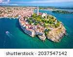 Town of Rovinj historic peninsula aerial view, famous tourist destination in Istria region of Croatia