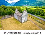 Sanctuary of the Madonna del Piano in Cambremo aerial view, Lombardy region of Italy