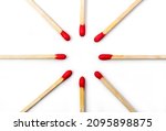 Small photo of Matches radially spaced on a white background. Different angle matchstick photography, matchstick placed like a sun. Isolated on white with clipping path