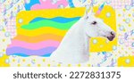 Small photo of Contemporary digital collage art. Modern trippy design. Unicorn and rainbow