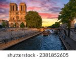 Small photo of Sunset view of Cathedral Notre Dame de Paris, island Cite and river Seine in Paris, France. Cityscape of Paris. Architecture and landmarks of Paris