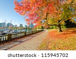 Colors of the autumn. Gorgeous sea walk in the park. Stanley Park in Vancouver. Canada.