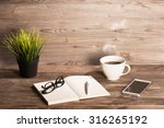 Working table with notepad, coffee cup , pen , smartphone , glasses, plant pot. Wooden table background with copy space on top. Soft focus with noise. Instant photo vintage split toning color effect.